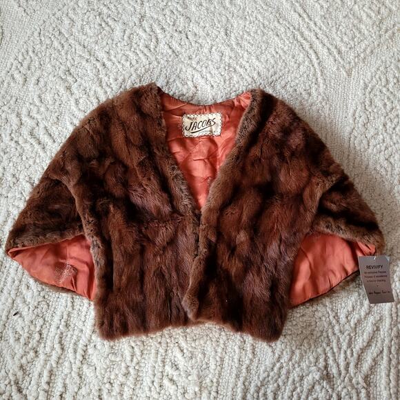 Vtg Brown Fur Shrug stole Jacobs Hamburg NY Monogram - Picture 2 of 7